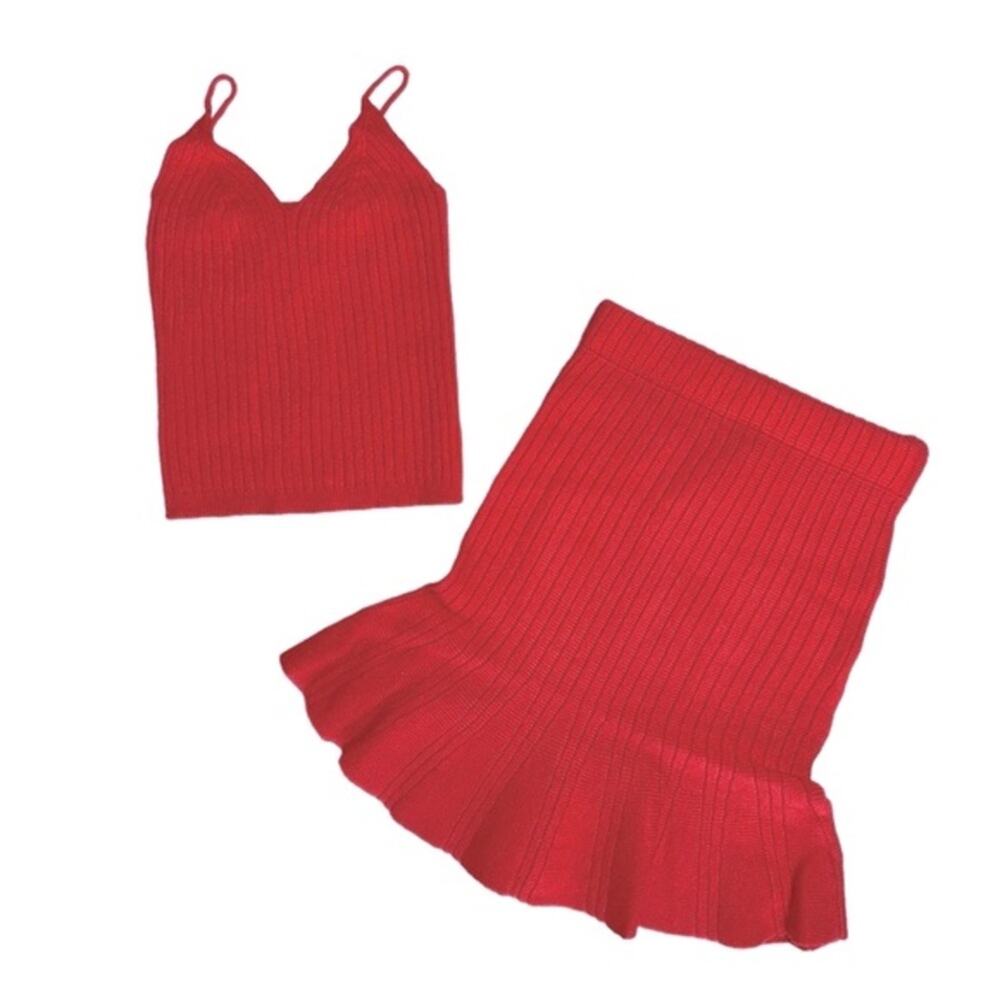NWT OLIVACEOUS Red Orange Knit Ribbed Ruffle Mini Skirt Tank Top Set Women’s